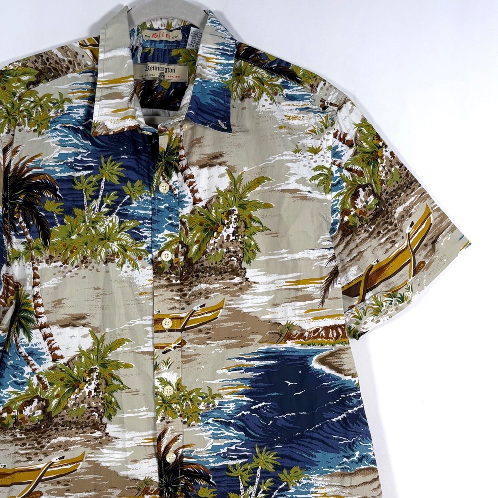 Kennington Button Down Shirt Tan Blue Hawaiian Scenic Palm Tree Slim XL